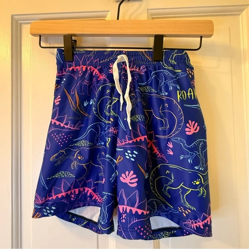 SHEIN Kids Swim Trunks - Blue with Neon Dinosaur Print
